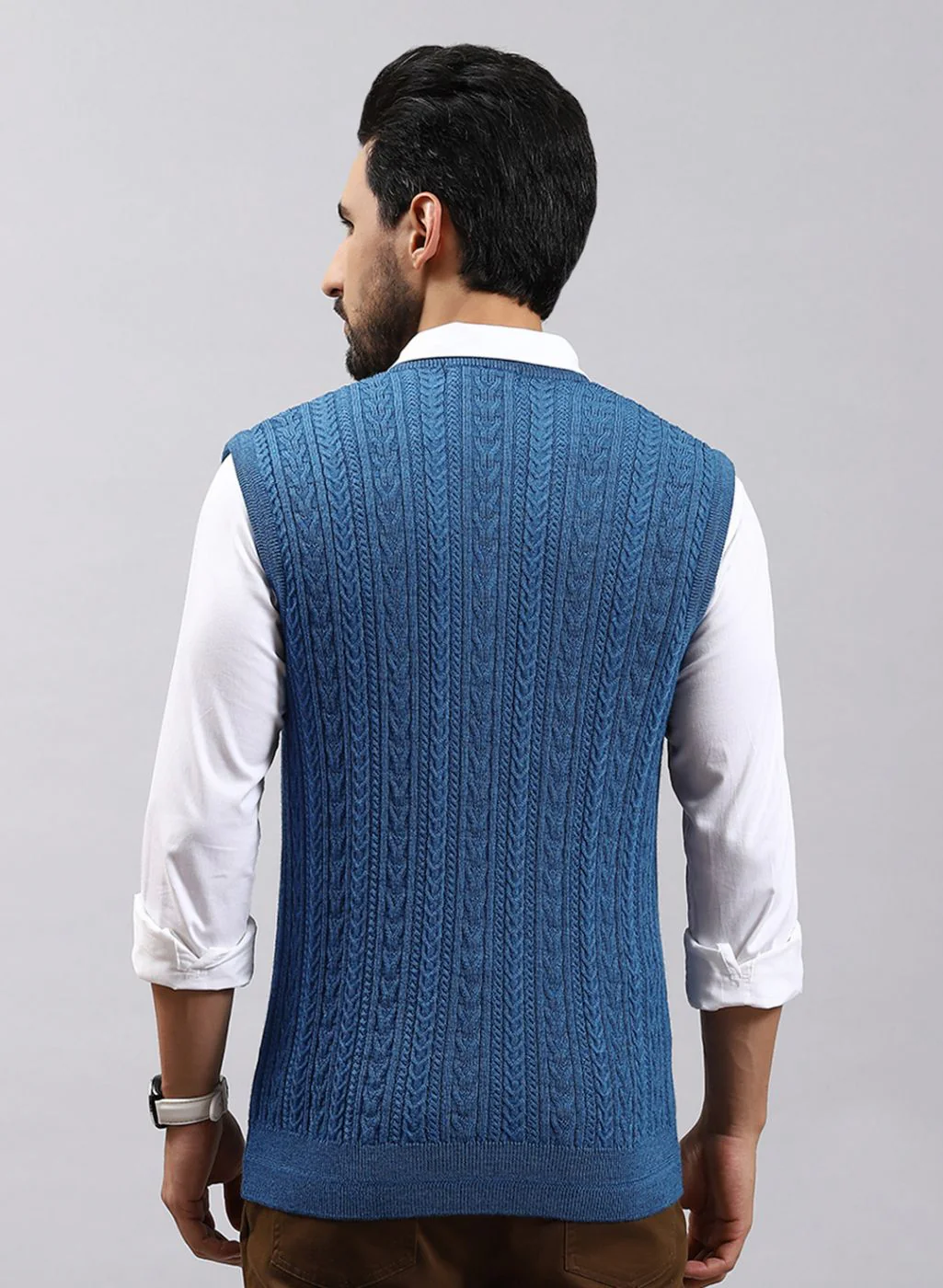 Men Blue Self Design Pure wool Sweater - Image 5