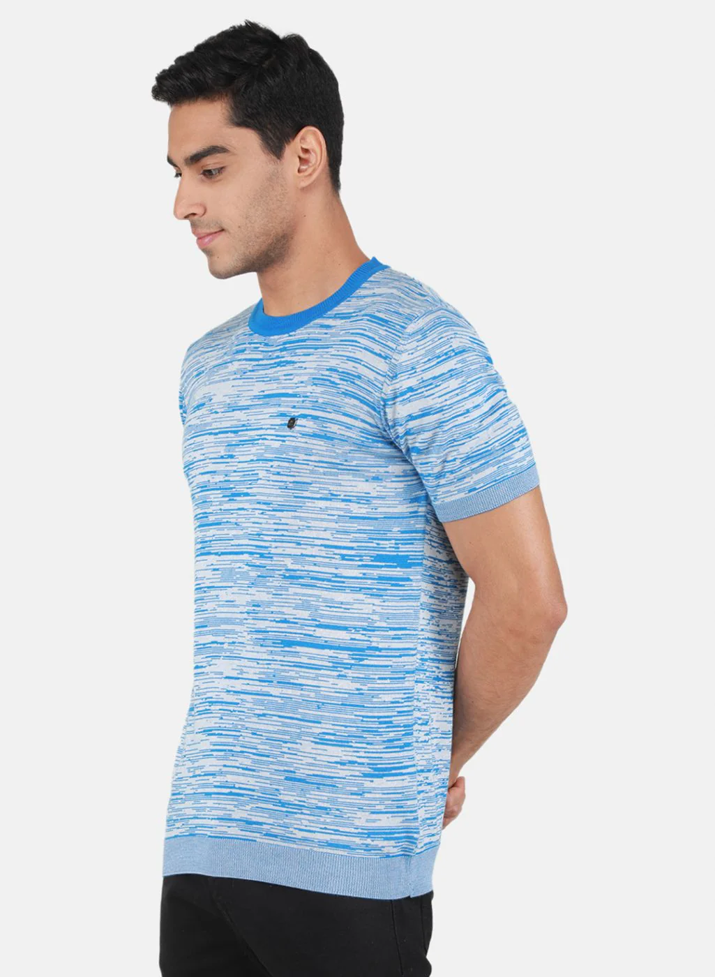 Men Blue Self Design T-Shirt - Image 2