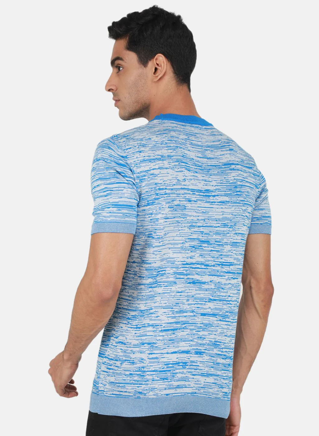 Men Blue Self Design T-Shirt - Image 3