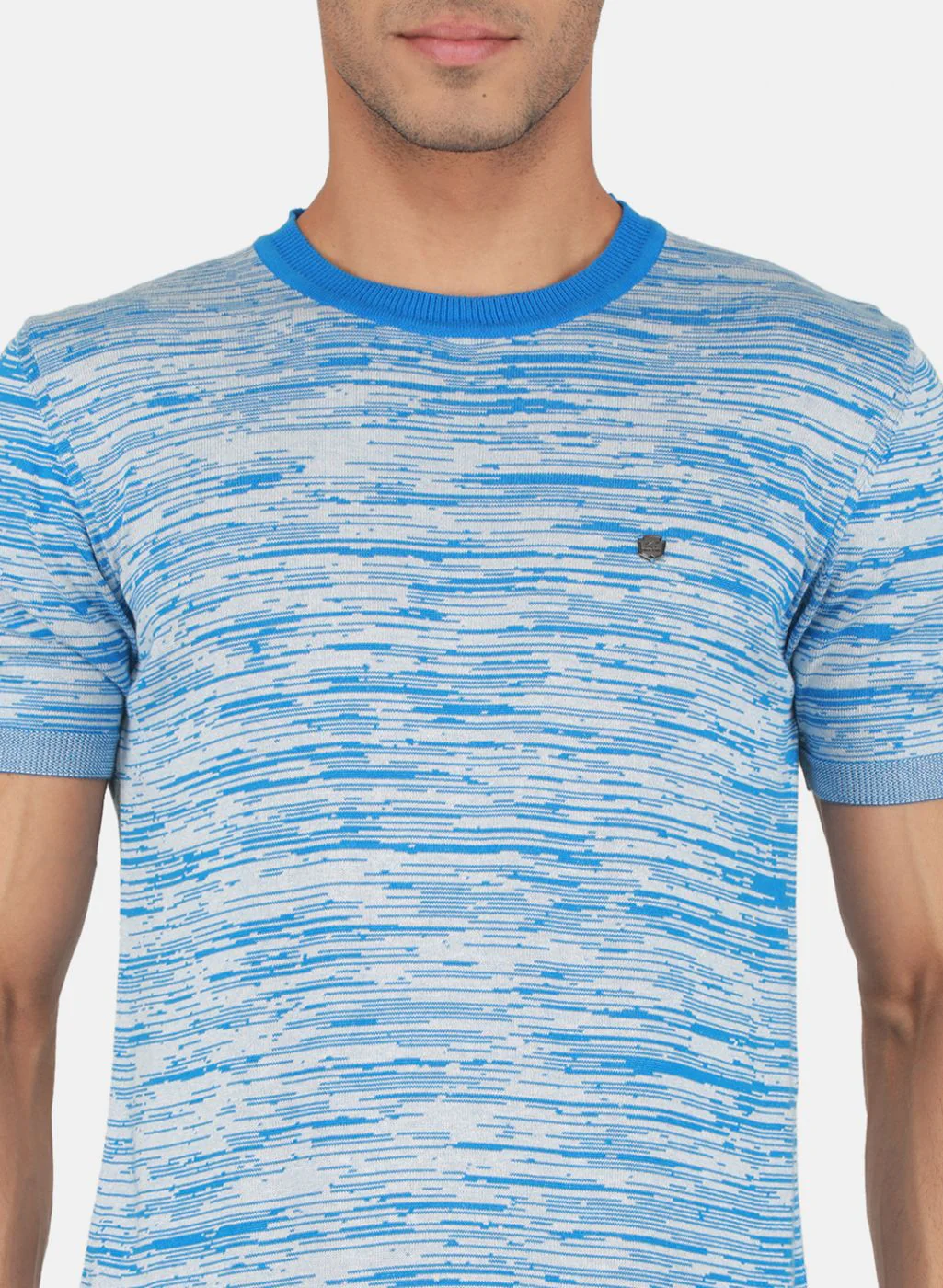 Men Blue Self Design T-Shirt - Image 5