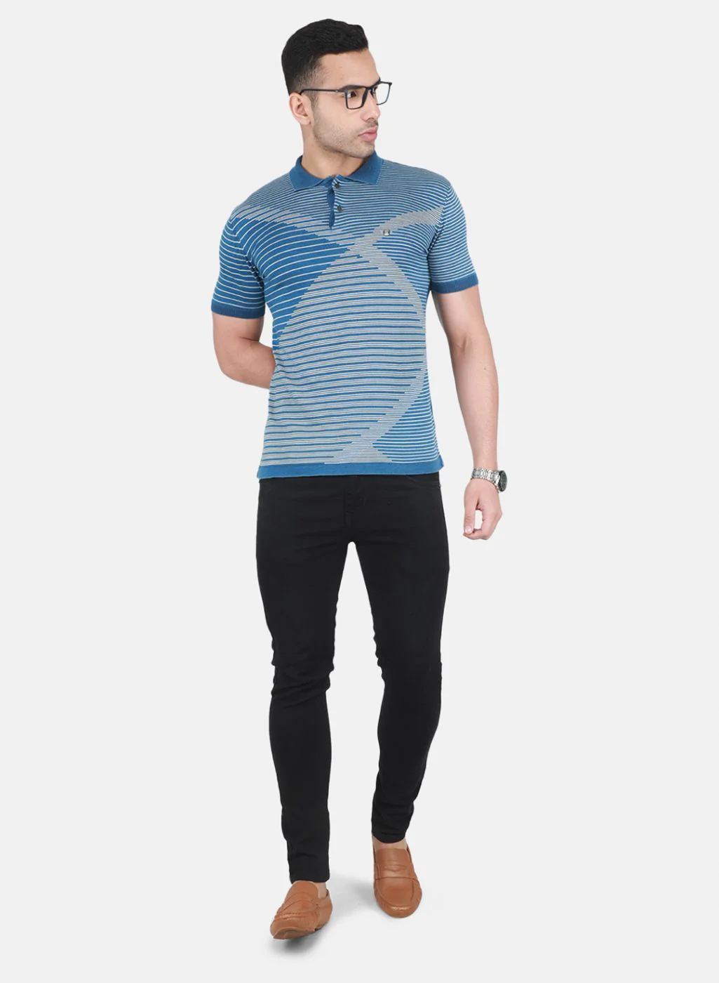 Men Blue Self Design T-Shirt - Image 4