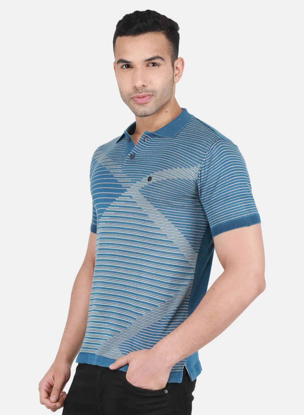 Men Blue Self Design T-Shirt - Image 2