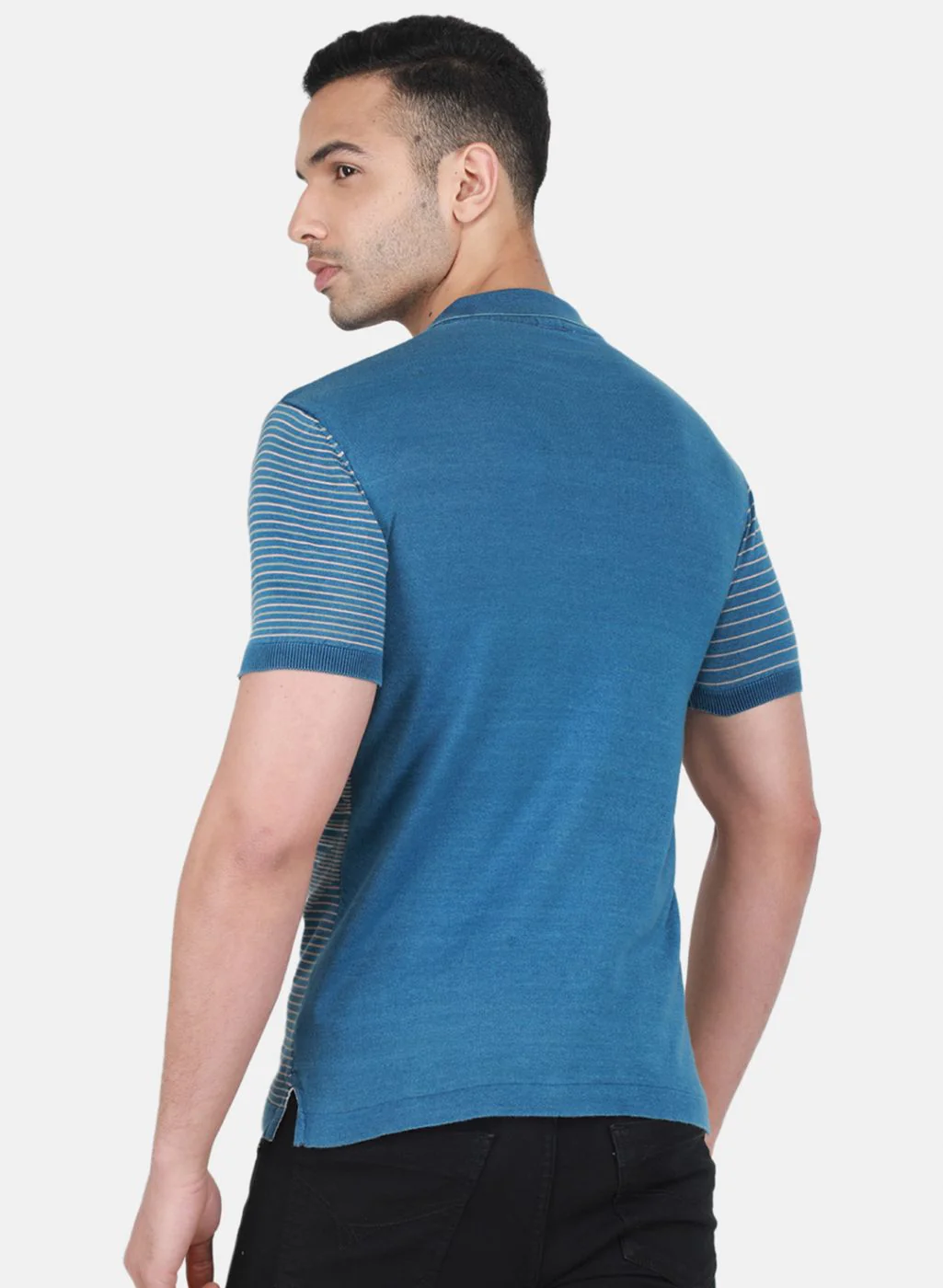 Men Blue Self Design T-Shirt - Image 3