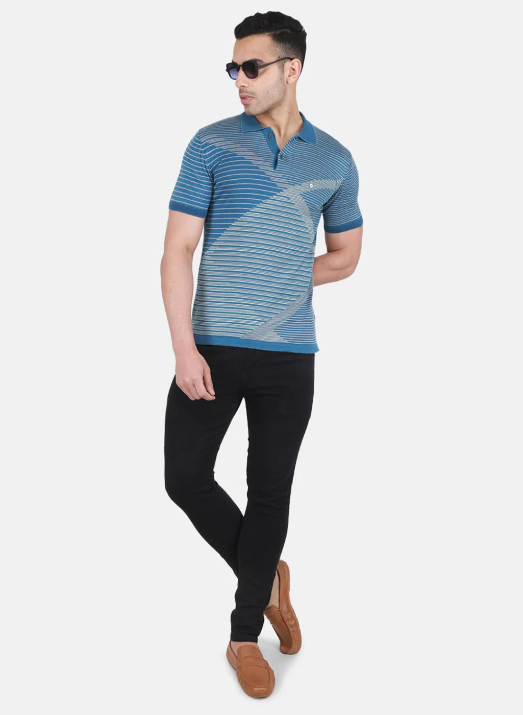 Men Blue Self Design T-Shirt - Image 4