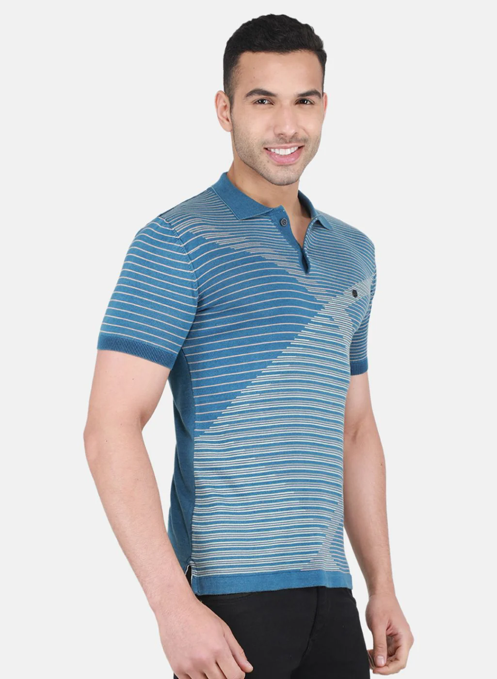 Men Blue Self Design T-Shirt - Image 6