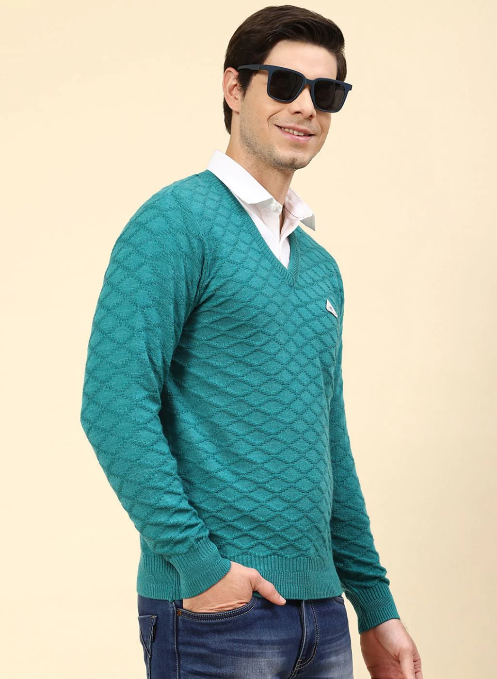 Men Blue Self Design Wool blend Pullover - Image 4