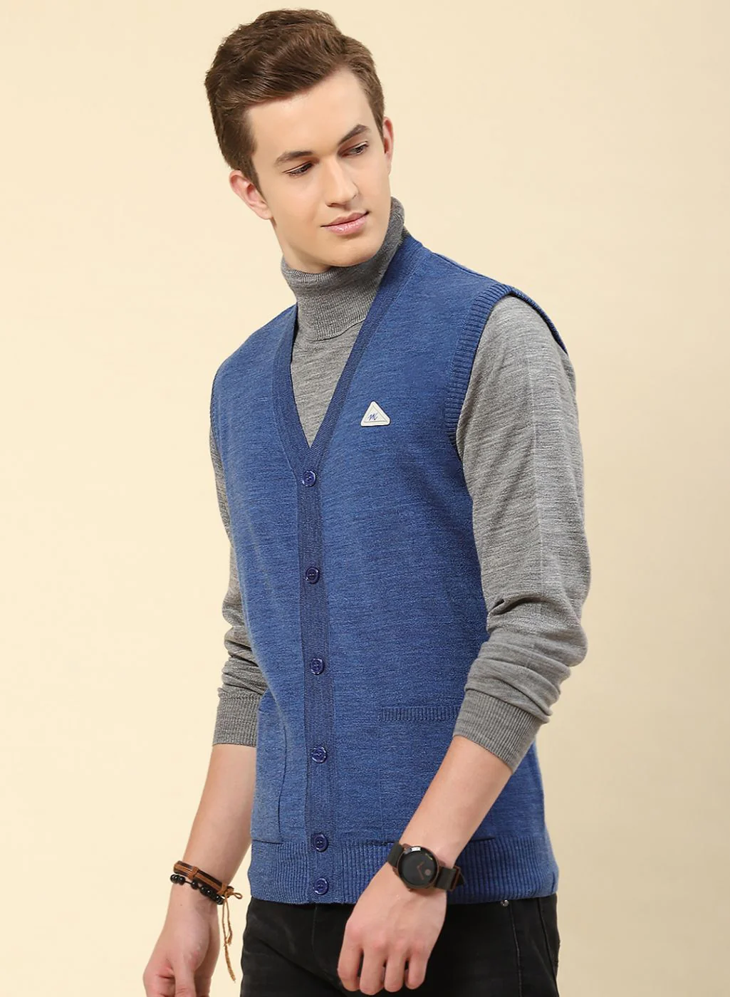 Men Blue Solid Blend wool Cardigan - Image 3