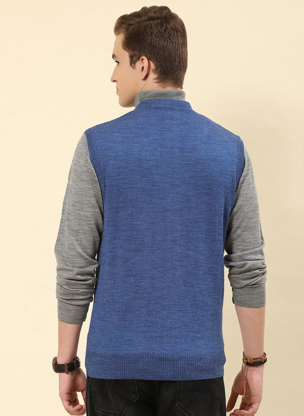 Men Blue Solid Blend wool Cardigan - Image 5
