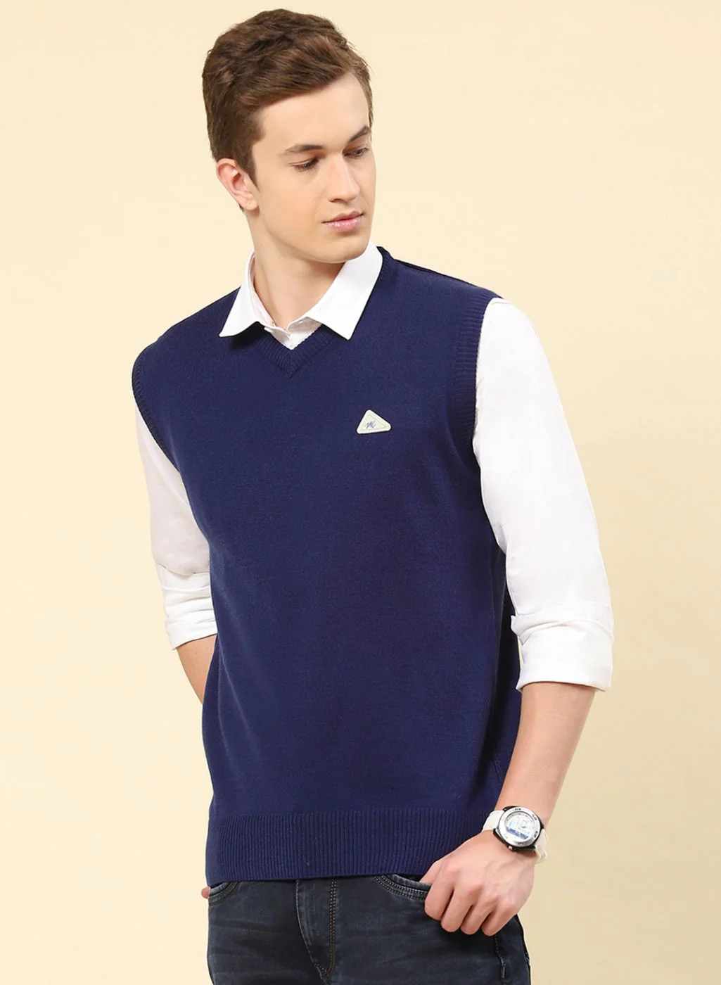 Men Blue Solid Blend wool Sweater - Image 3