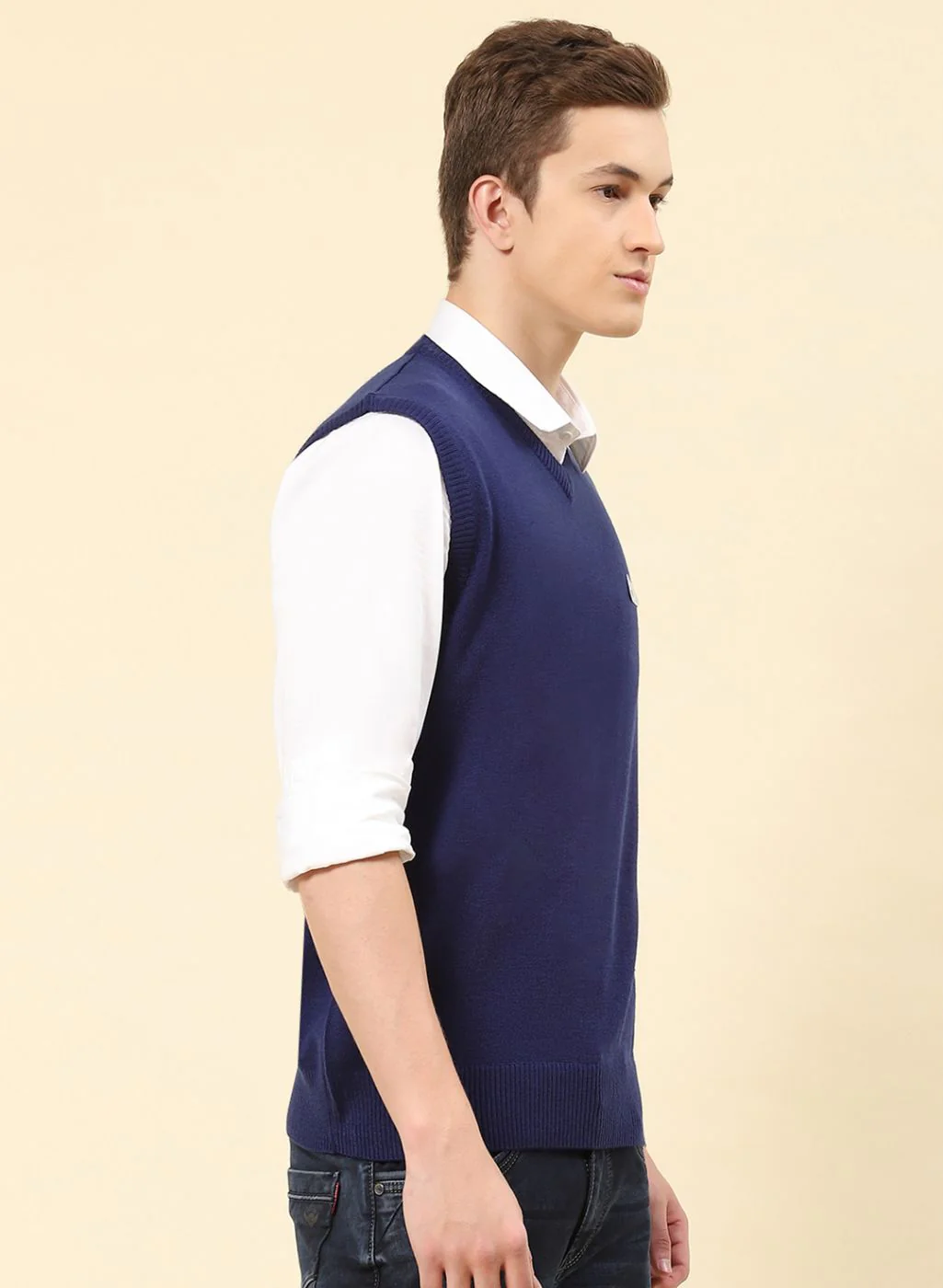 Men Blue Solid Blend wool Sweater - Image 4