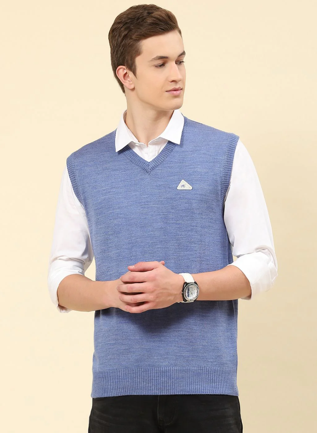 Men Blue Solid Blend wool Sweater - Image 2