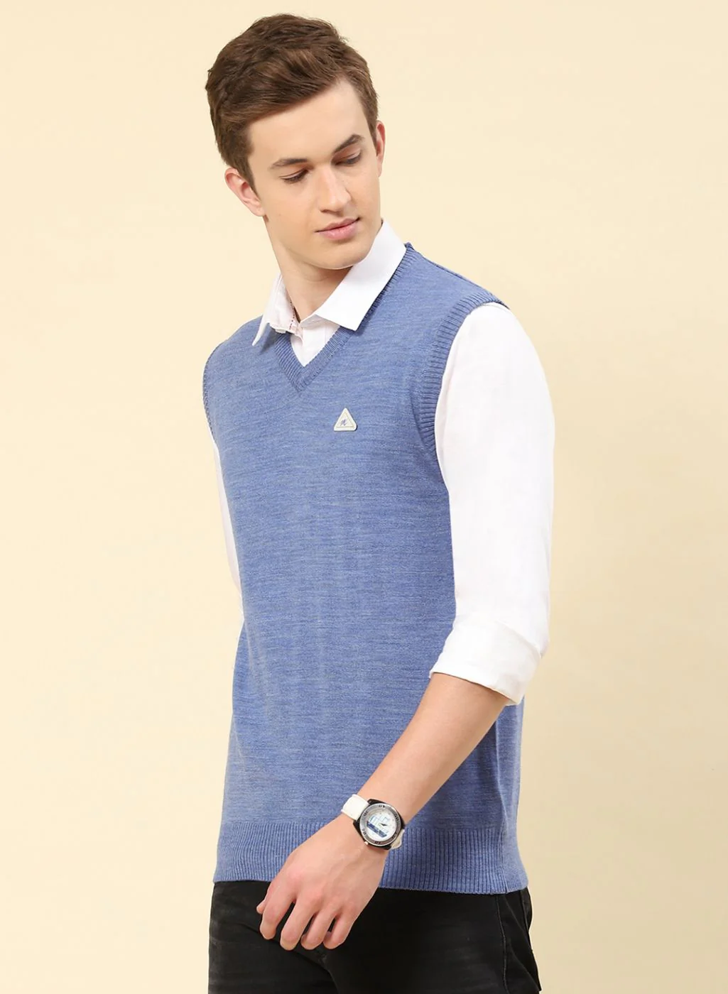 Men Blue Solid Blend wool Sweater - Image 3