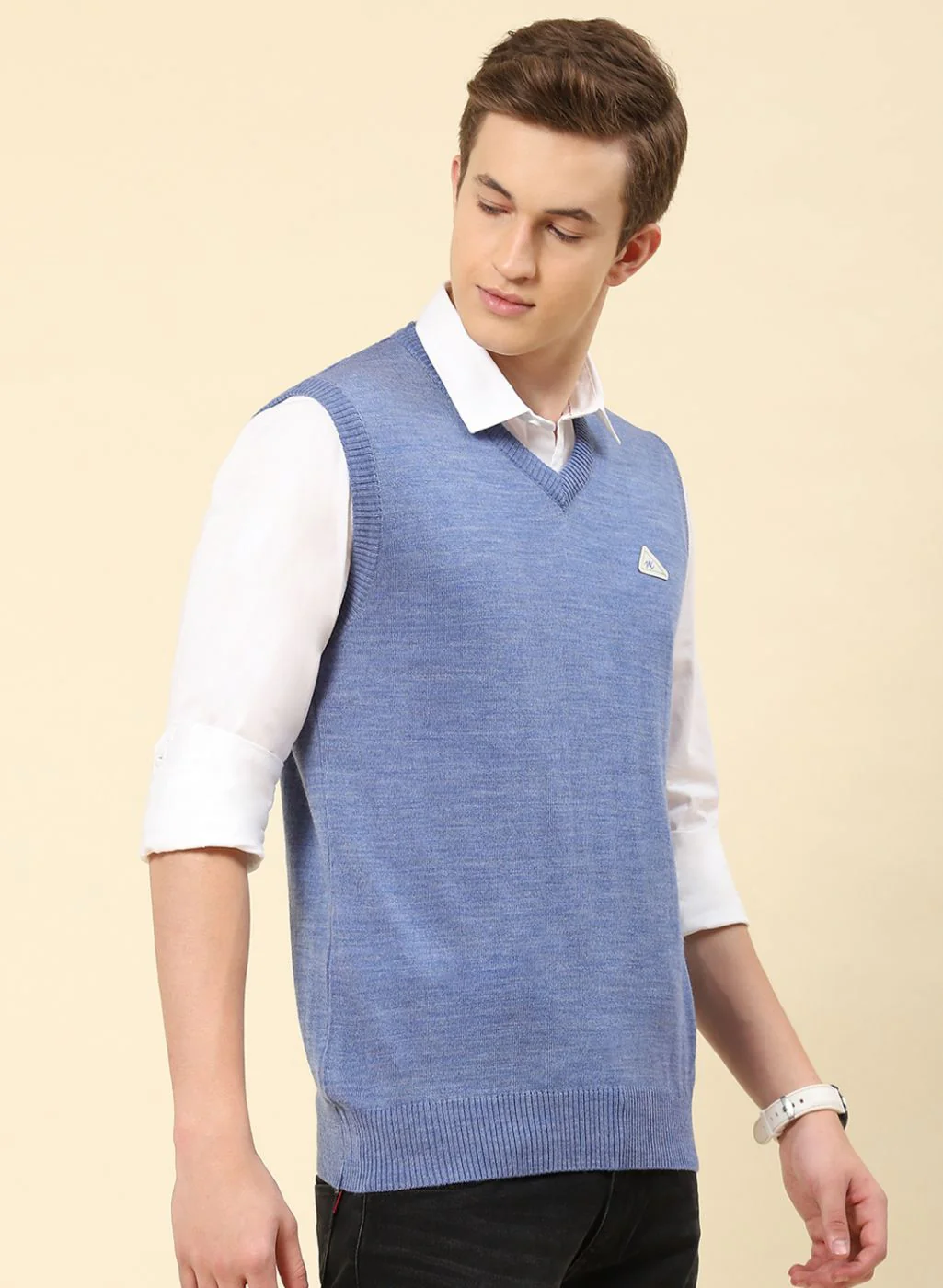 Men Blue Solid Blend wool Sweater - Image 4