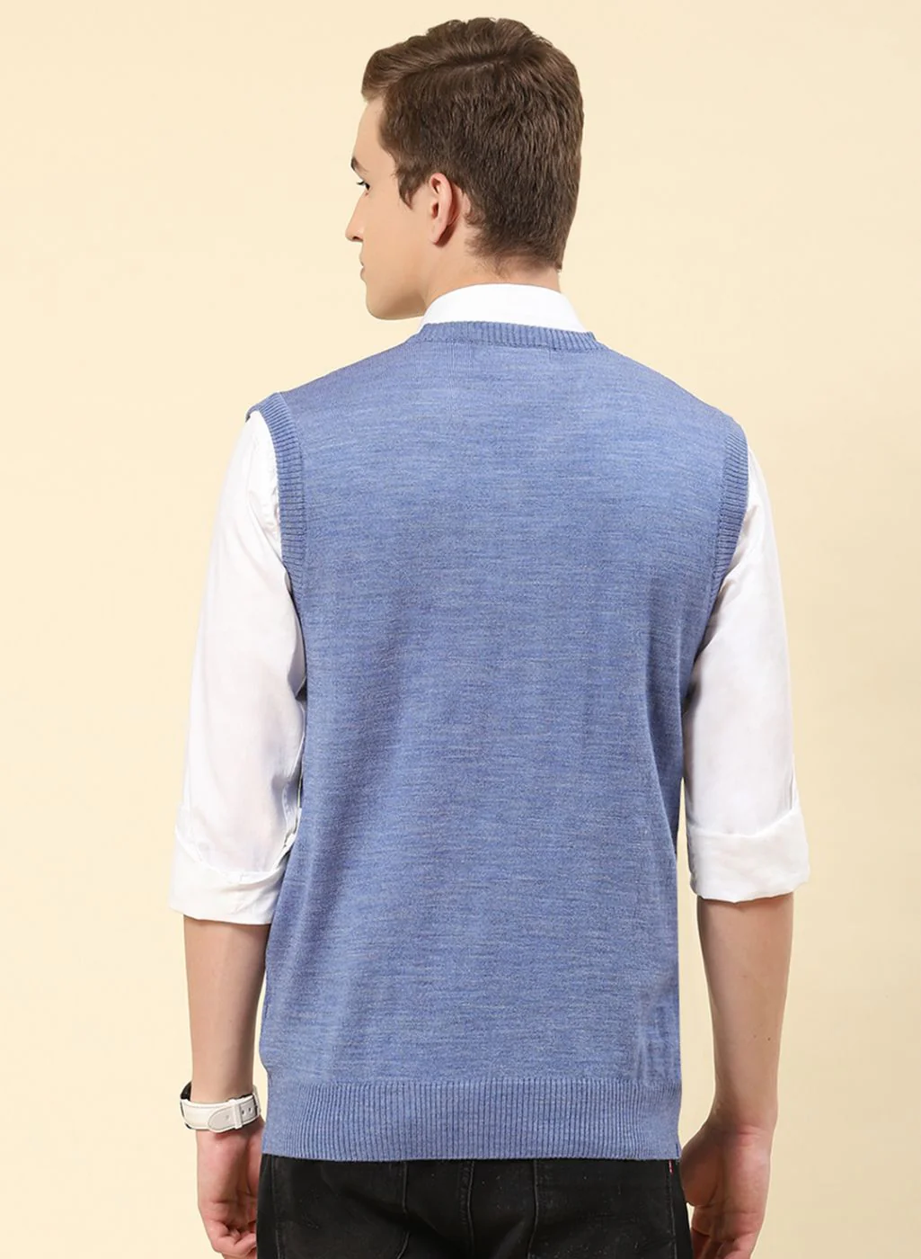 Men Blue Solid Blend wool Sweater - Image 5