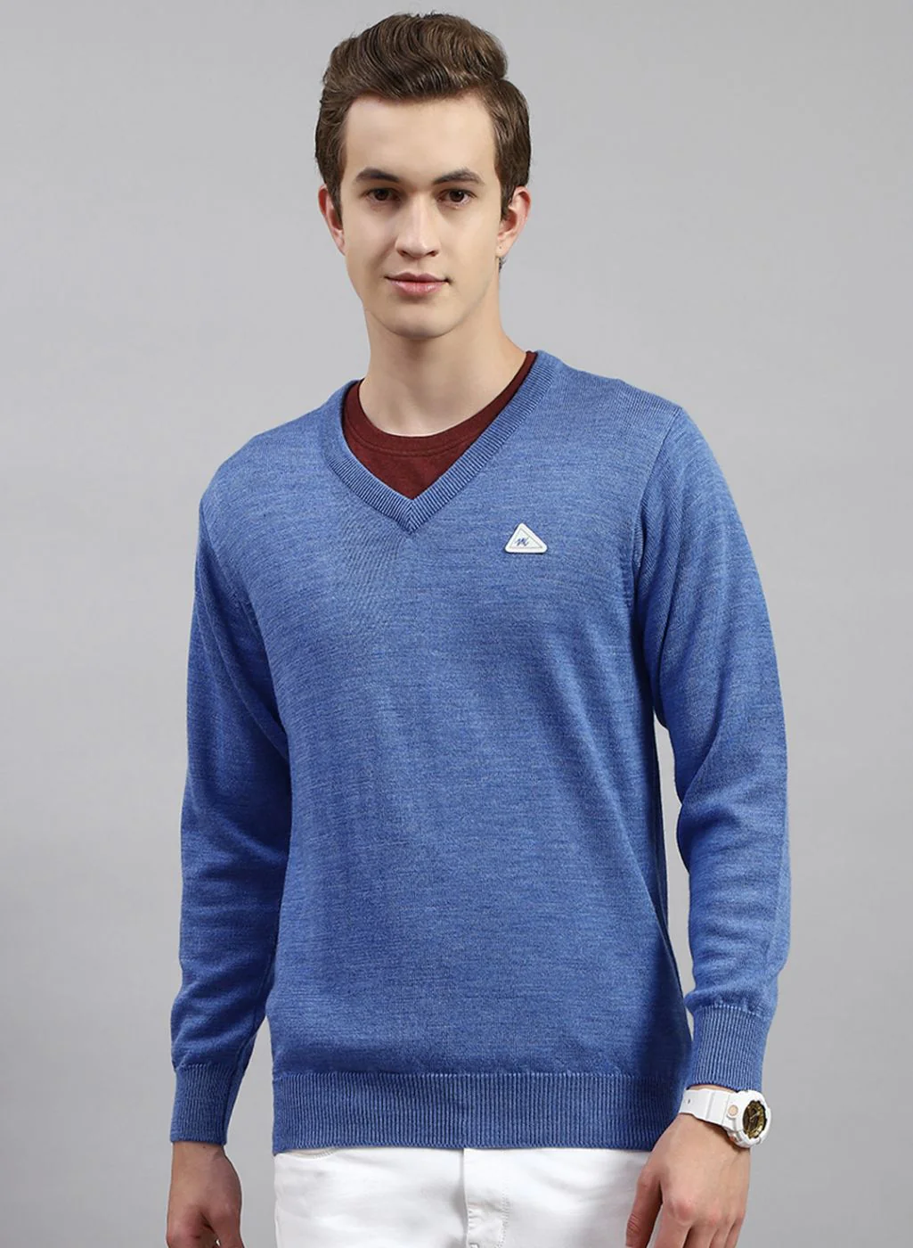 Men Blue Solid Pure wool Pullover - Image 2