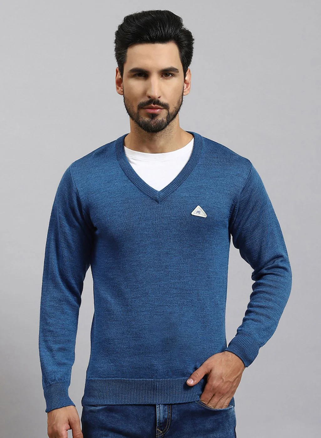 Men Blue Solid Pure wool Pullover - Image 2