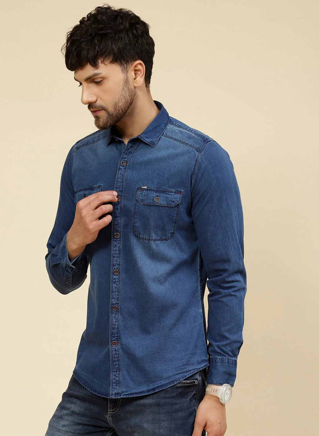 Men Blue Solid Shirt - Image 3
