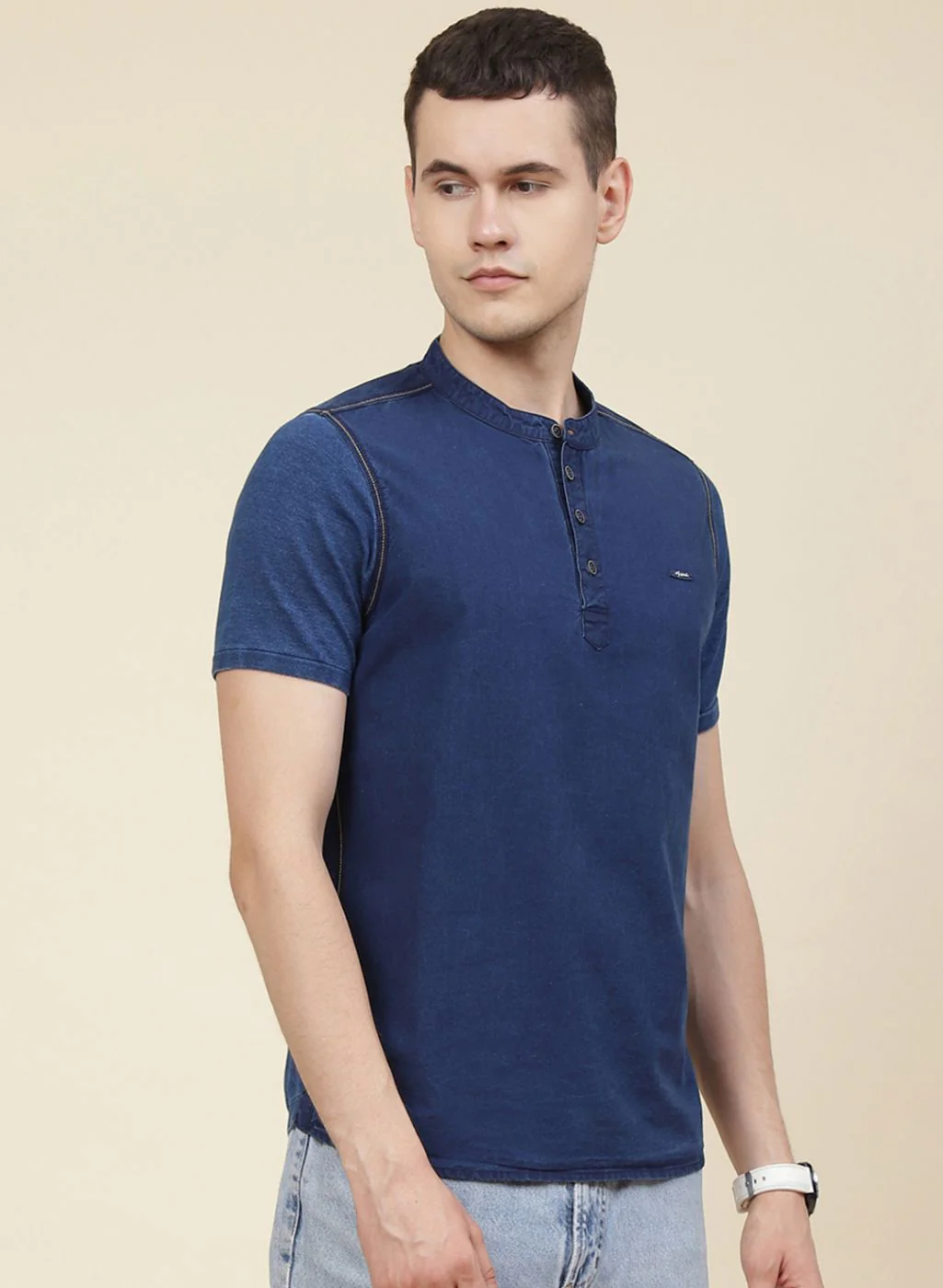 Men Blue Solid T-Shirt - Image 4