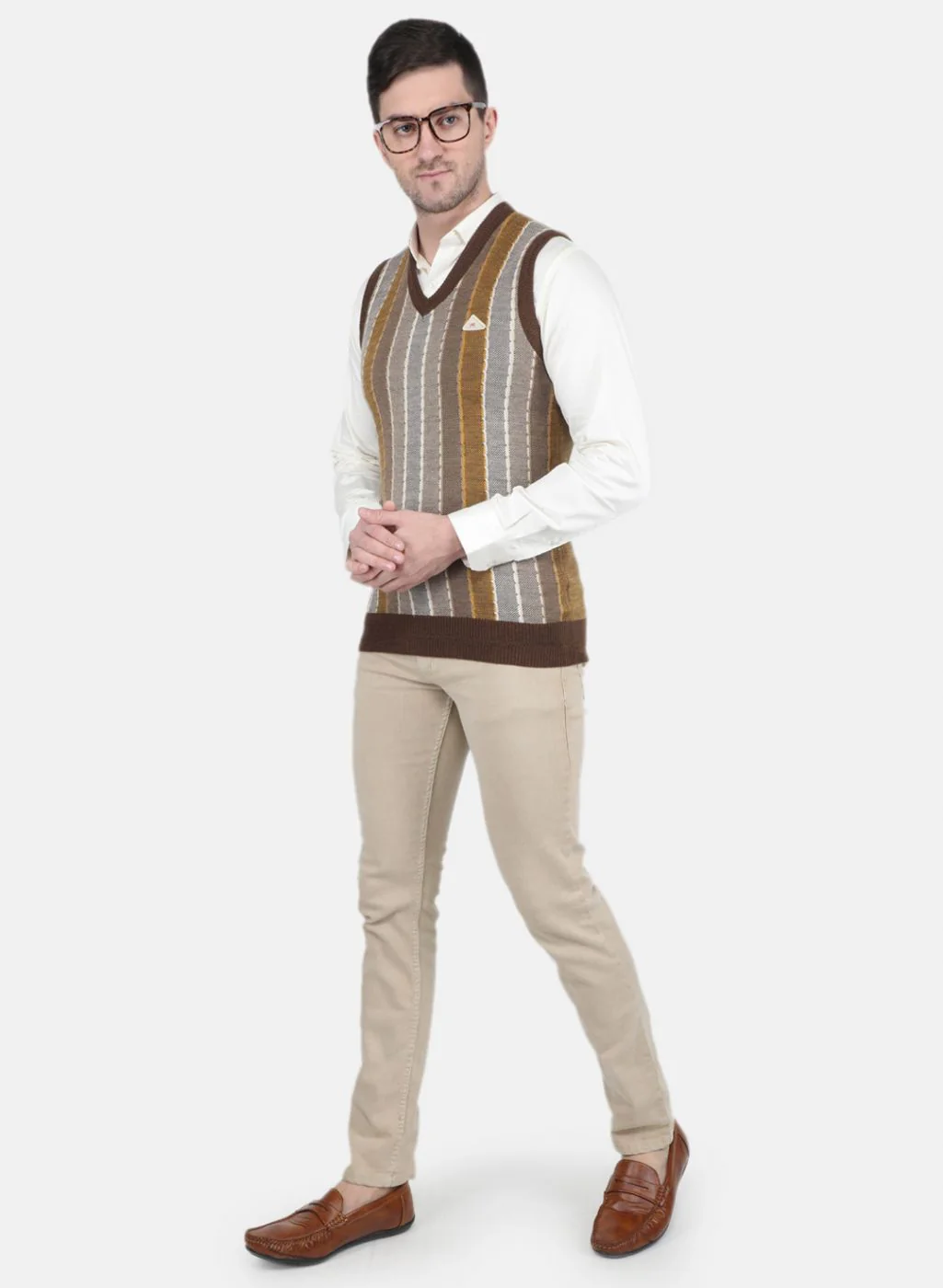 Men Brown Self Design Sweater - Image 4