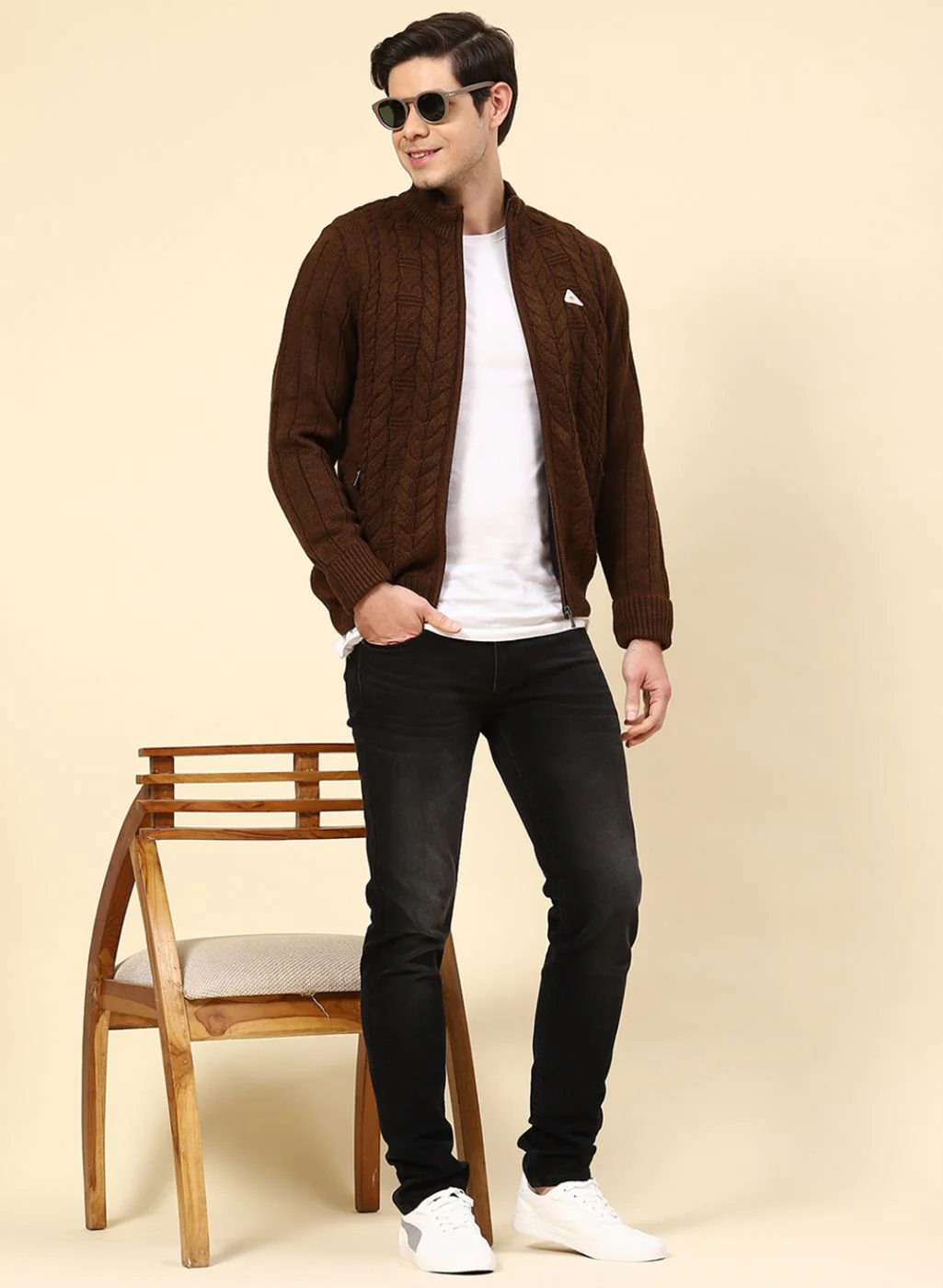 Men Brown Self Design Wool blend Jacket