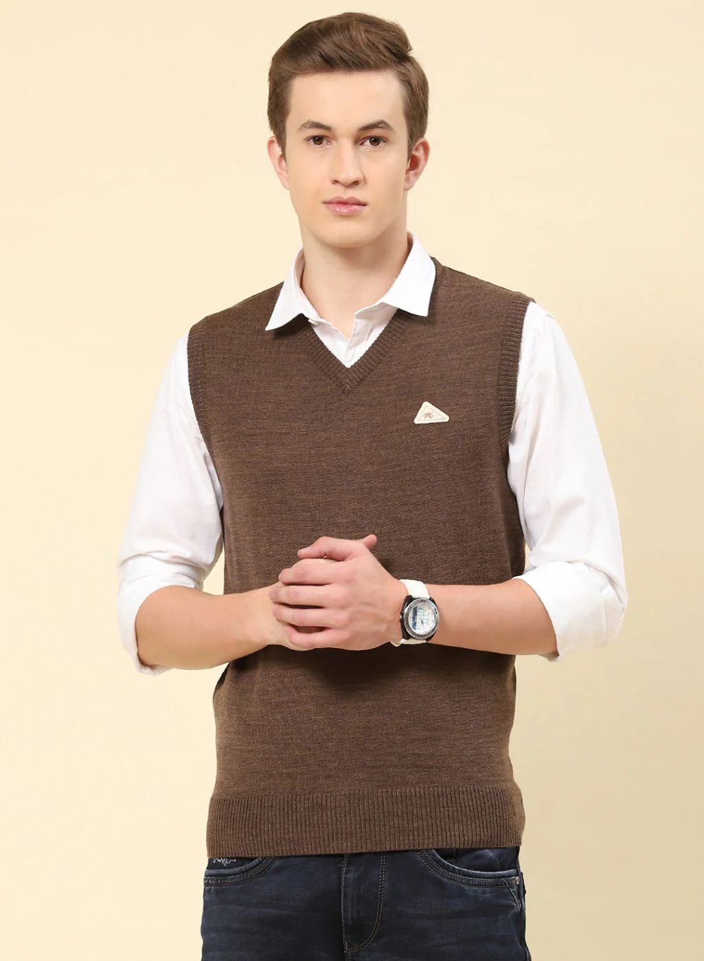 Men Brown Solid Blend wool Sweater - Image 2