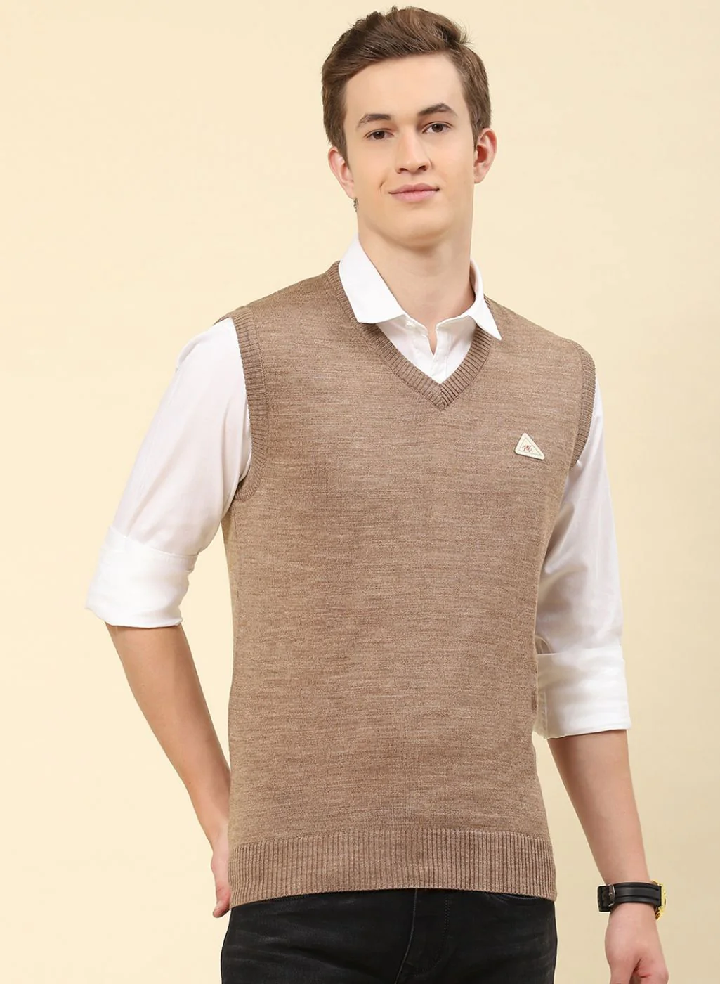Men Brown Solid Blend wool Sweater - Image 2