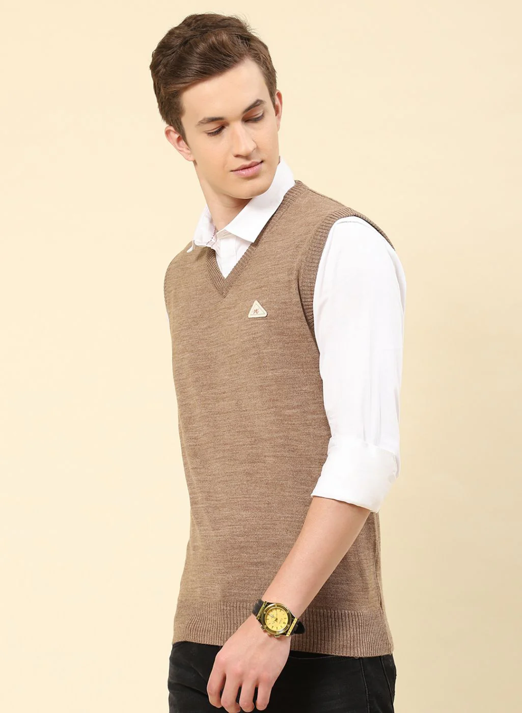 Men Brown Solid Blend wool Sweater - Image 3