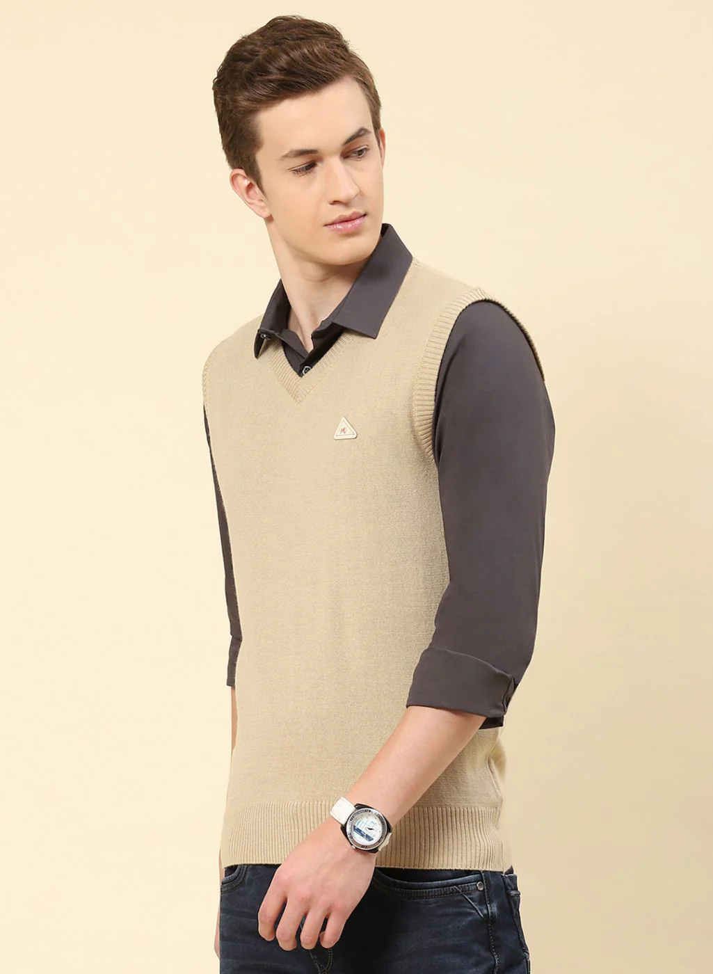 Men Brown Solid Blend wool Sweater - Image 3