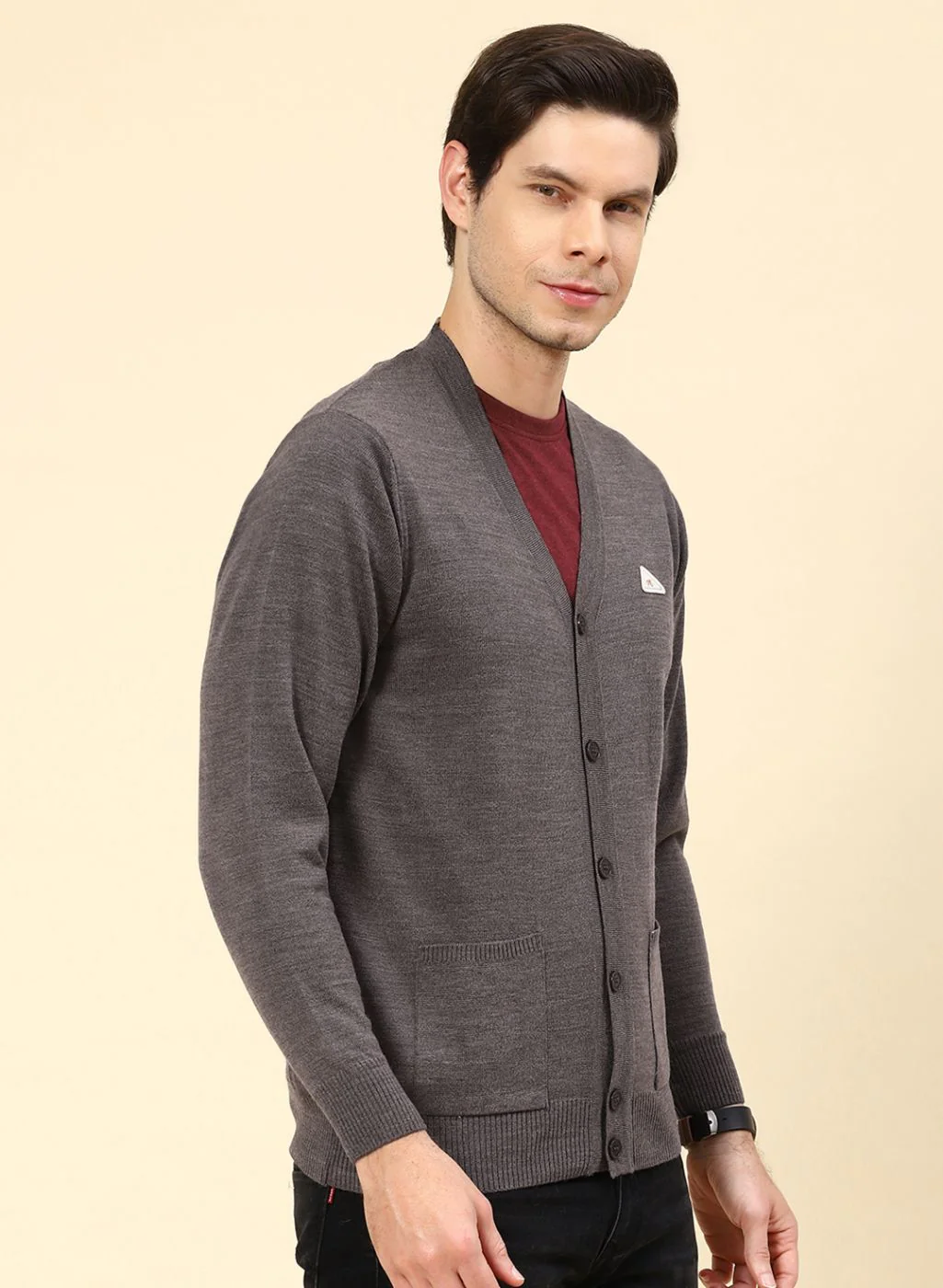 Men Brown Solid Wool blend Cardigan - Image 4