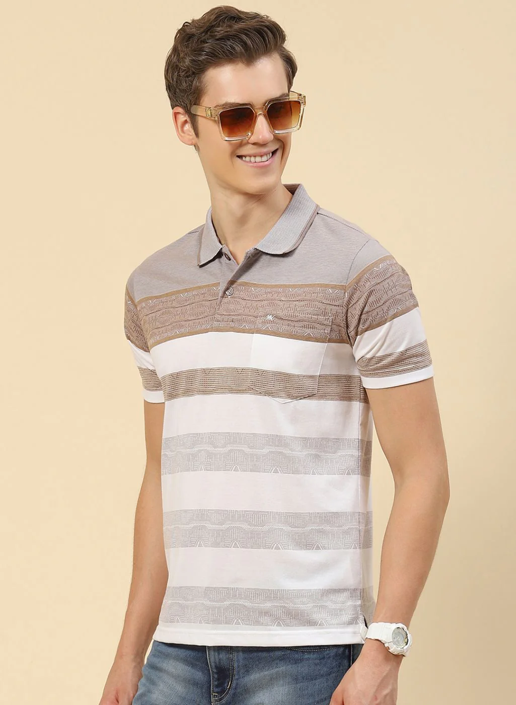 Men Brown Stripe T-Shirt - Image 2