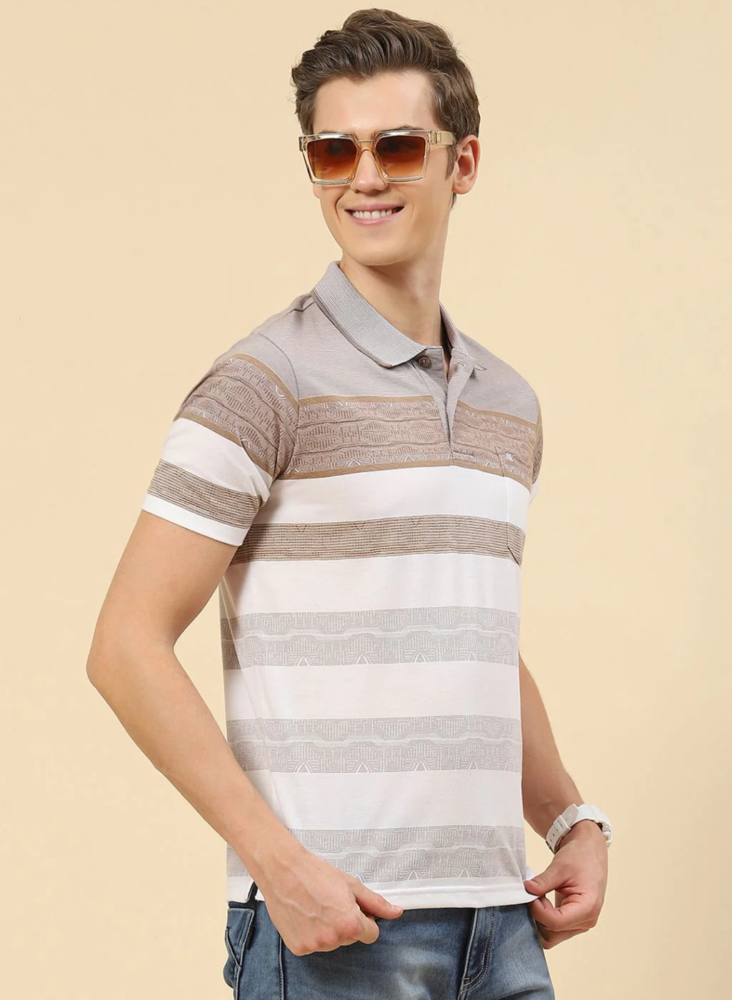 Men Brown Stripe T-Shirt - Image 3
