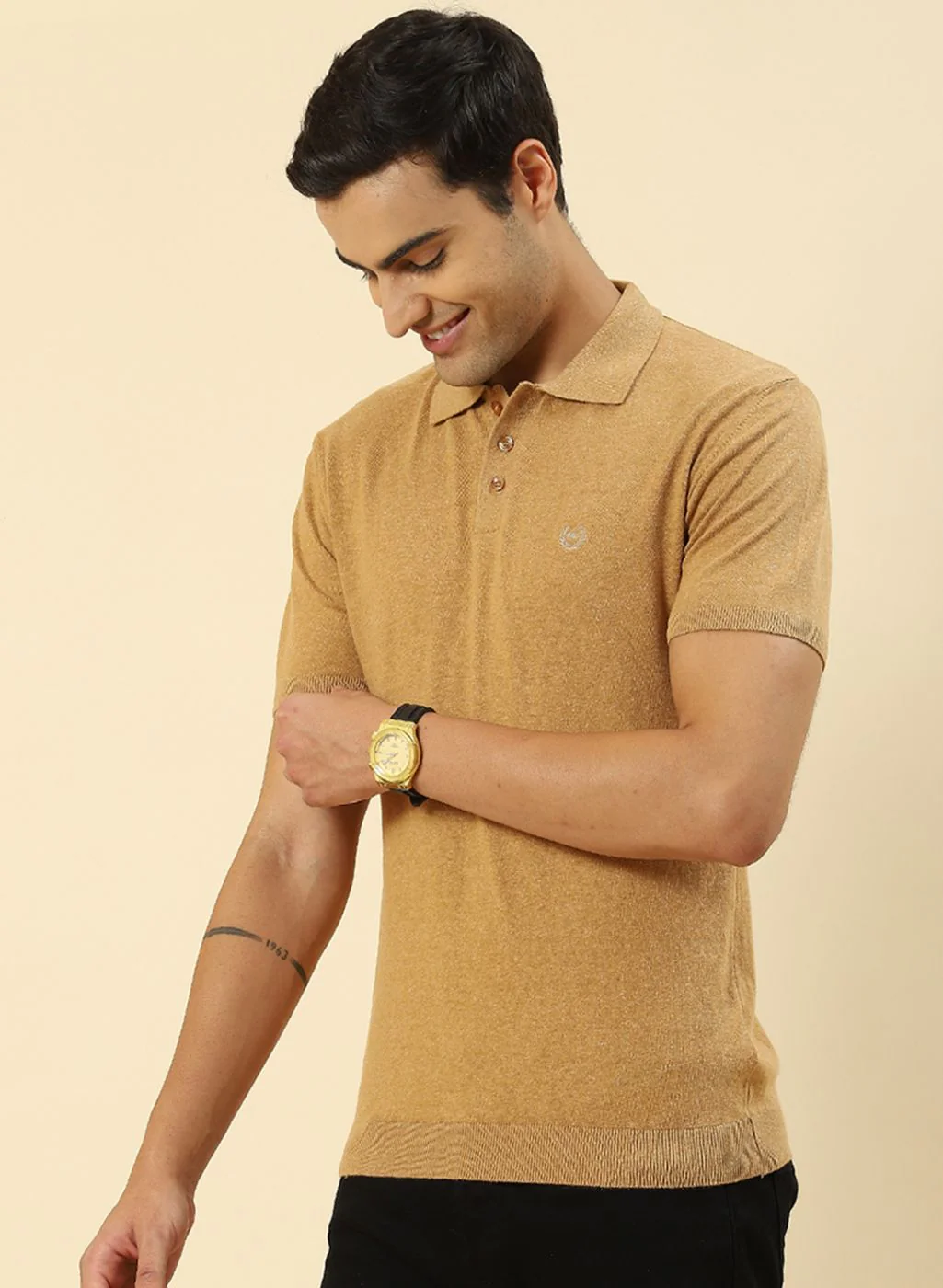 Men Camel Brown Plain T-Shirt - Image 3