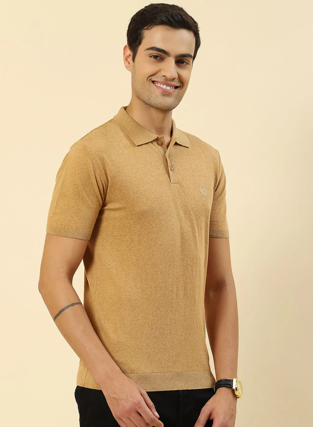 Men Camel Brown Plain T-Shirt - Image 4