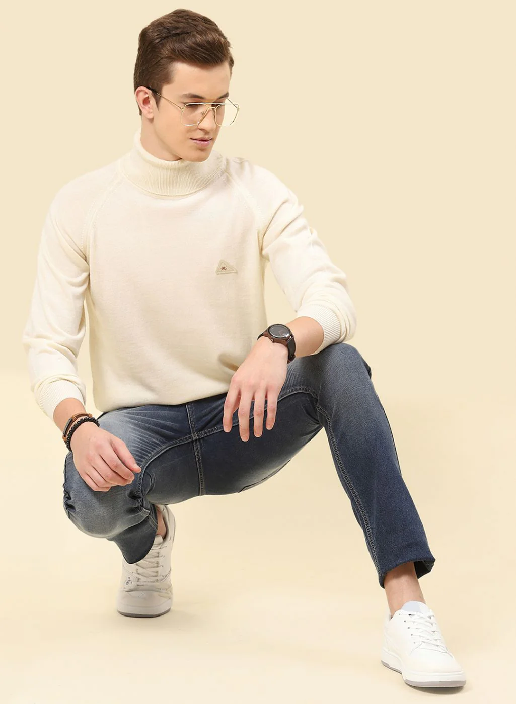Men Cream Solid Blend wool Pullover - Image 2