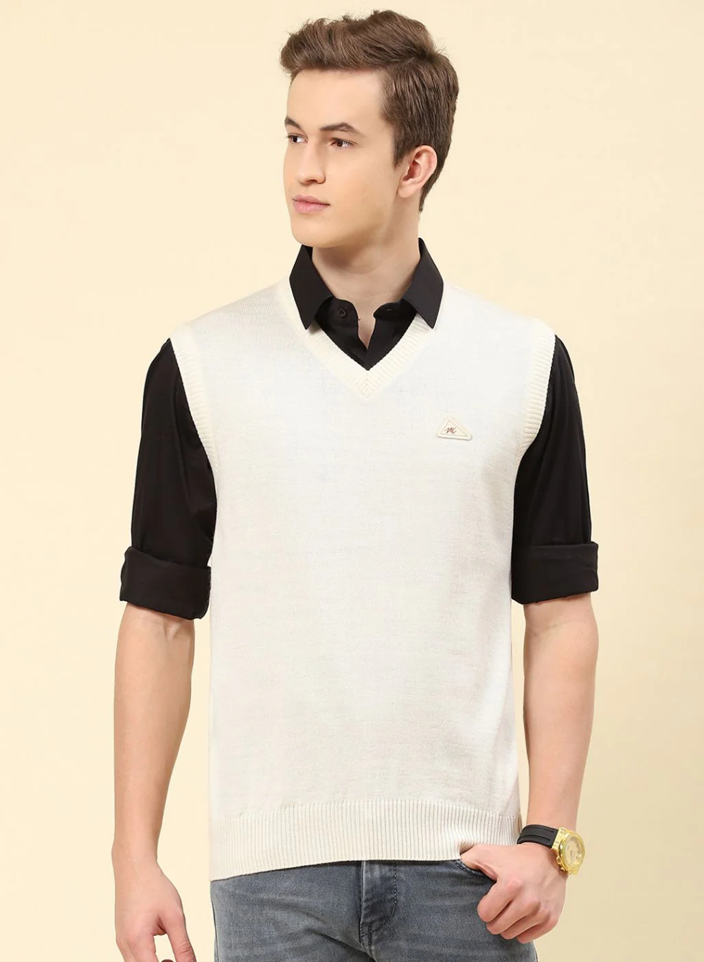 Men Cream Solid Blend wool Sweater - Image 2
