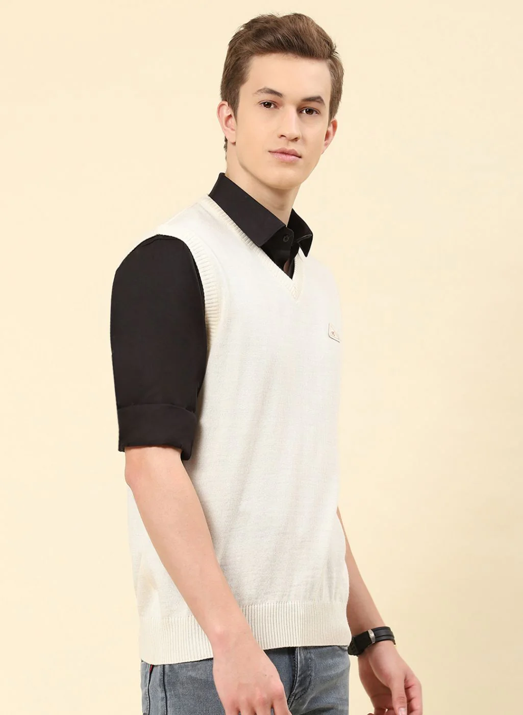 Men Cream Solid Blend wool Sweater - Image 4