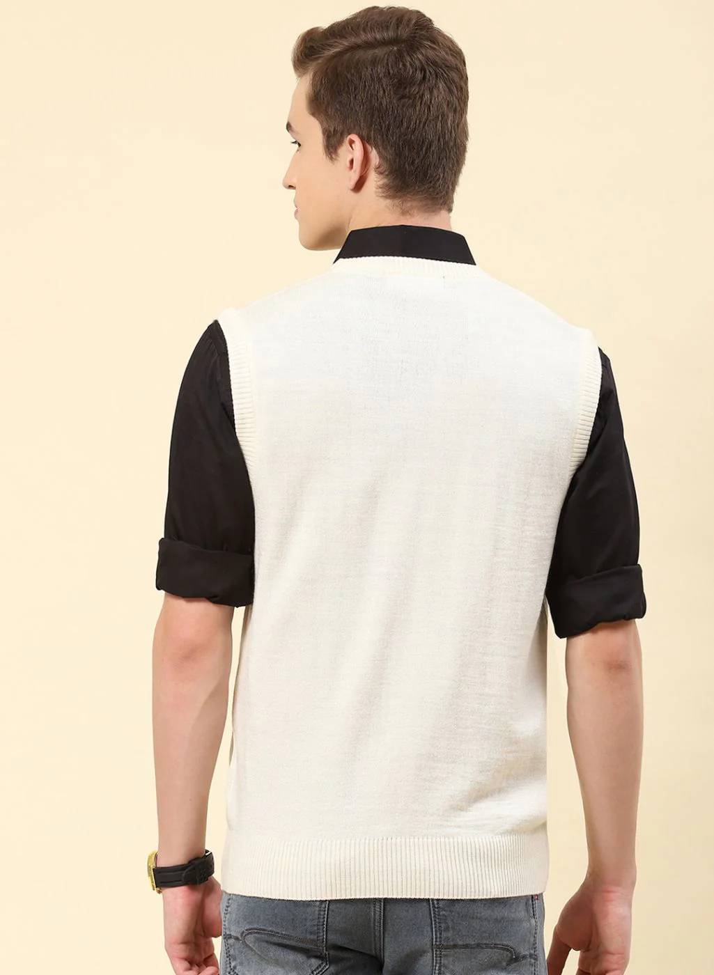 Men Cream Solid Blend wool Sweater - Image 5