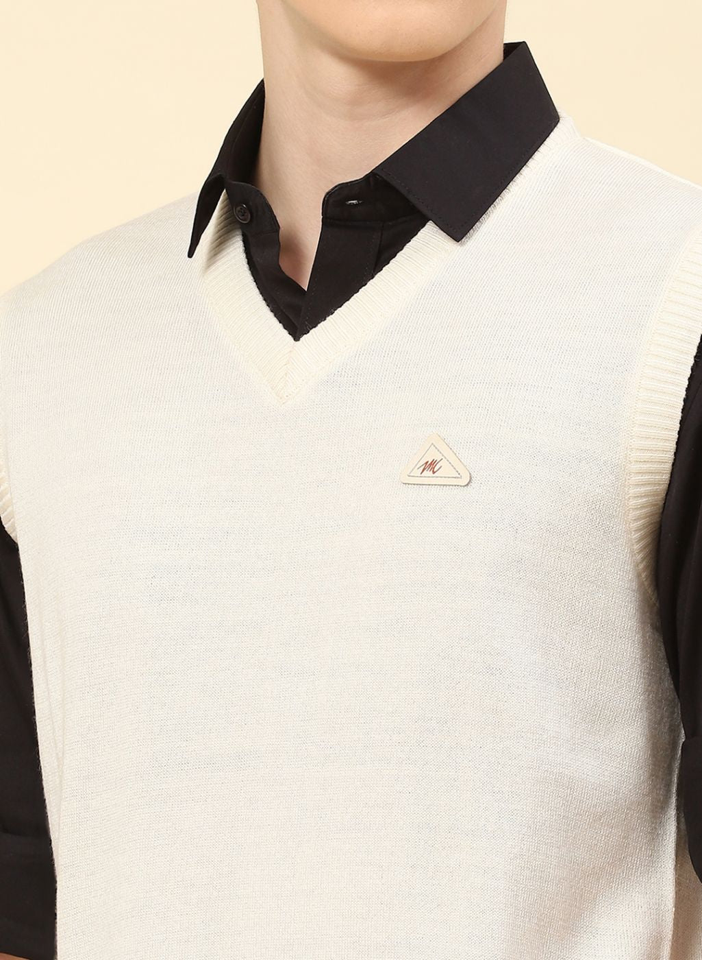 Men Cream Solid Blend wool Sweater - Image 6