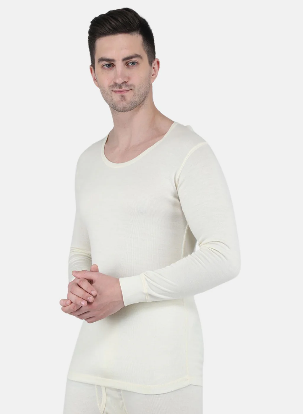 Men Cream Solid Thermal Vest - Image 2