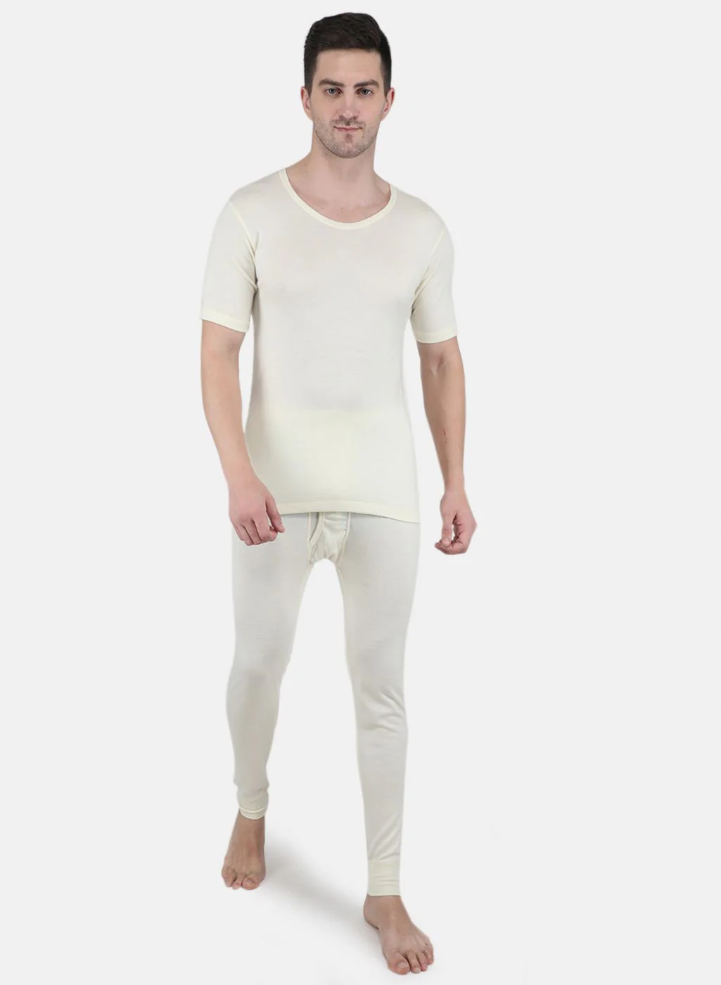 Men Cream Solid Thermal Vest - Image 4