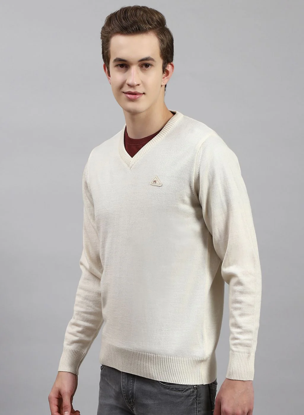 Men Cream Solid Wool blend Pullover - Image 3