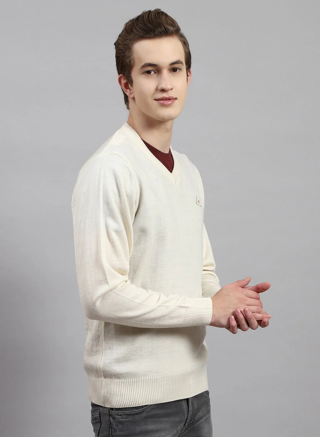 Men Cream Solid Wool blend Pullover - Image 4