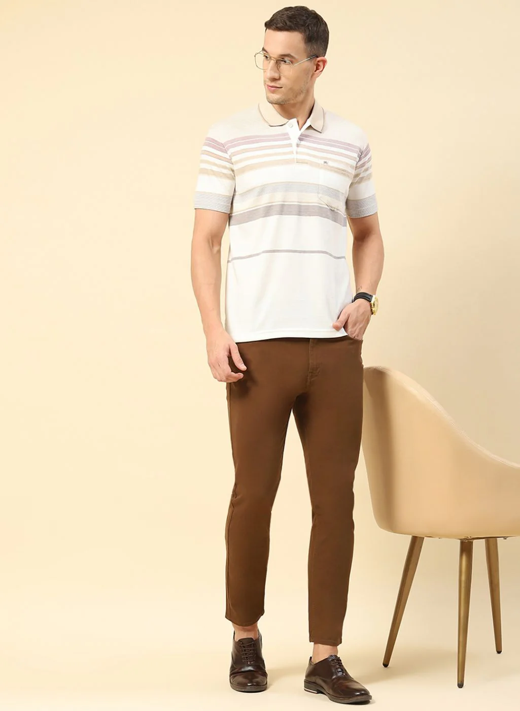 Men Cream Stripe T-Shirt - Image 5