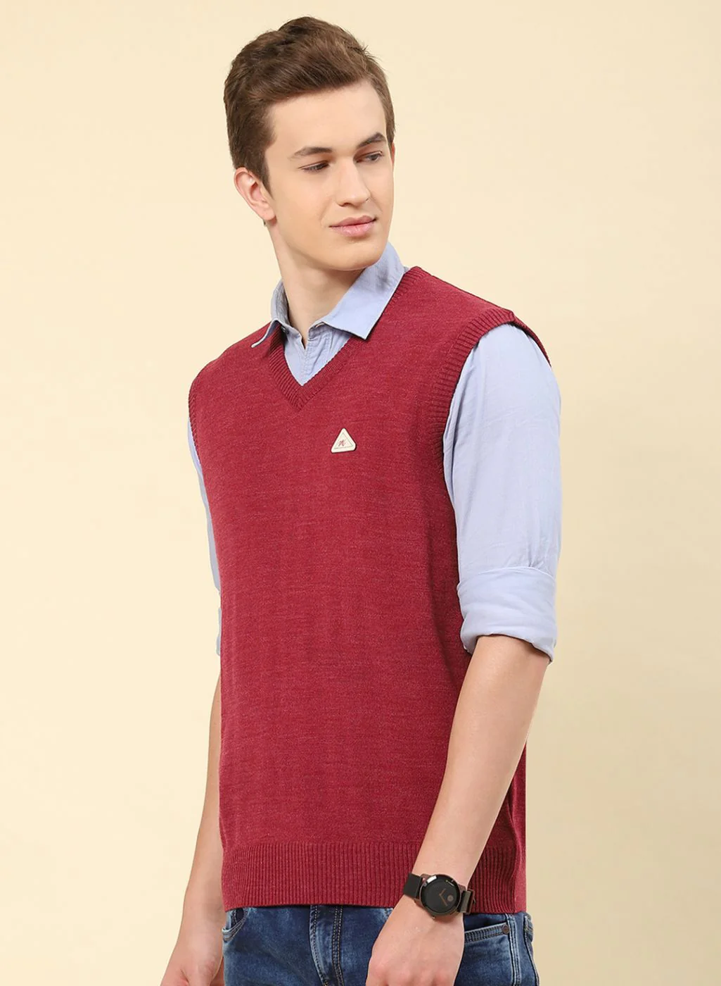 Men Dark Pink Solid Blend wool Sweater - Image 3