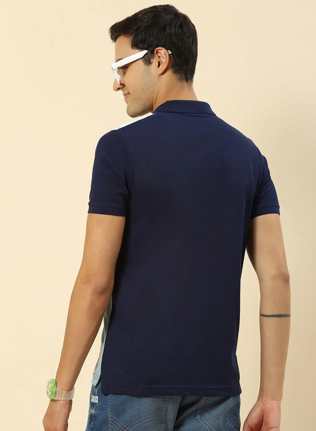 Men Blue Printed Collar Half Sleeve T-Shirt - Image 4