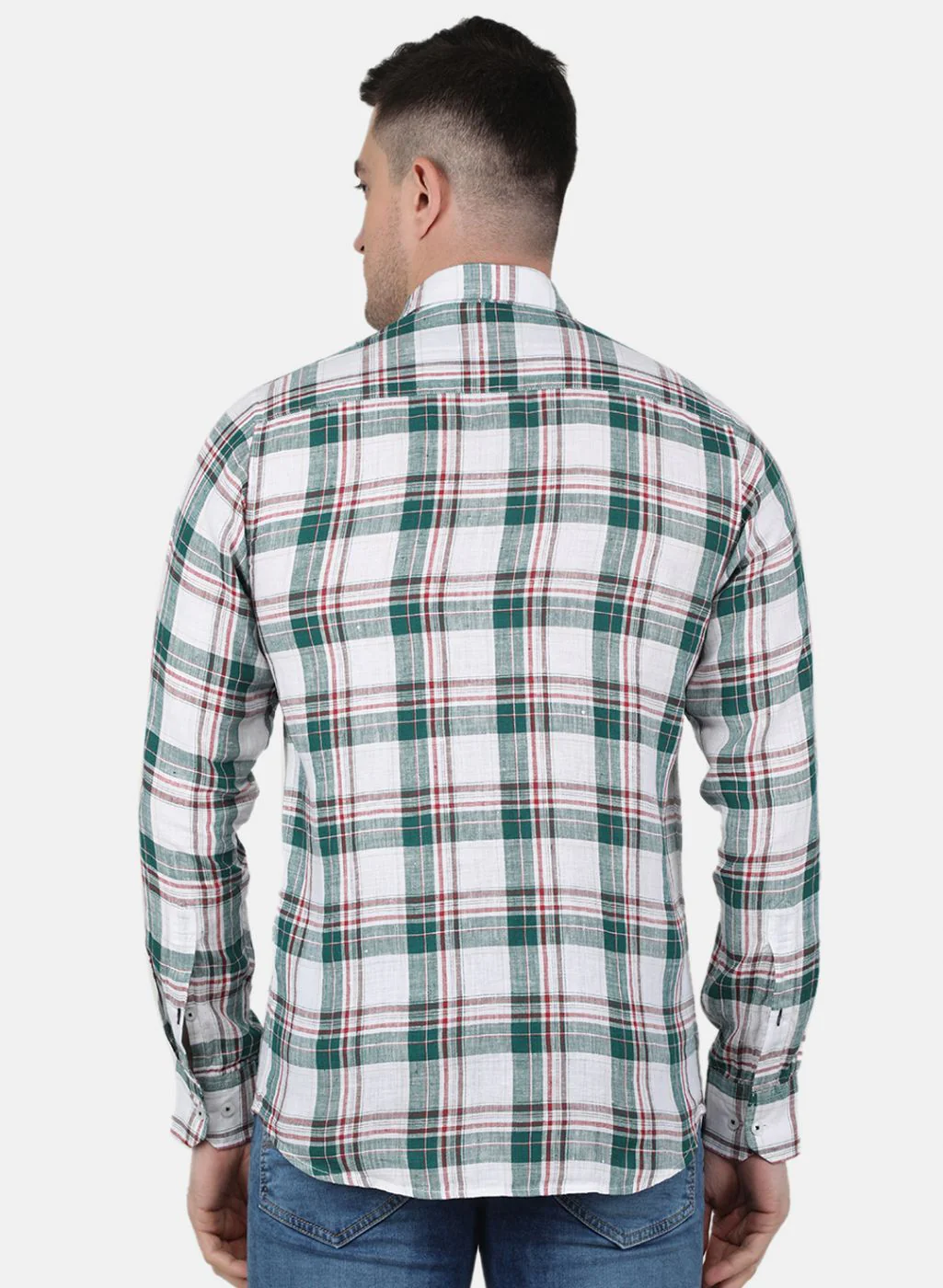 Men Green Check Linen Shirt - Image 3