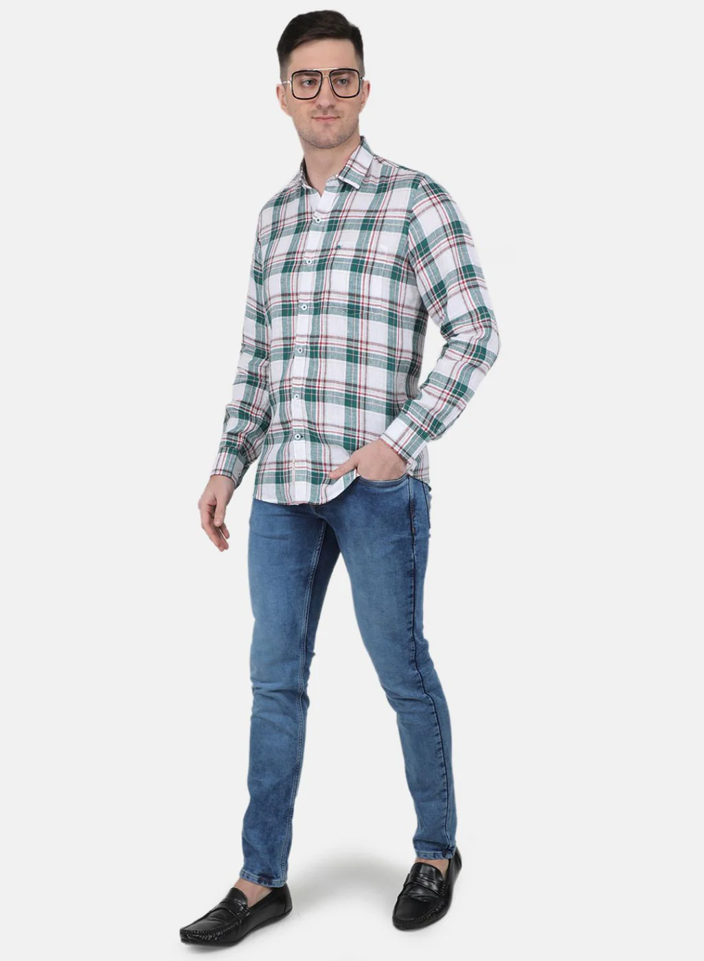 Men Green Check Linen Shirt - Image 4