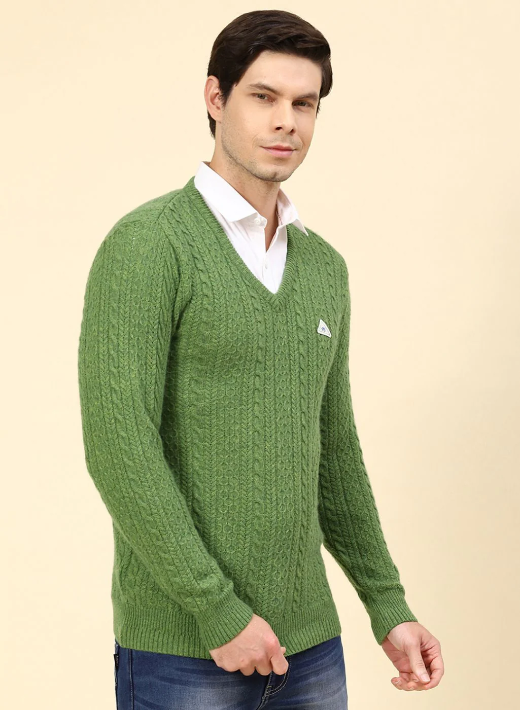 Men Green Self Design Lamb wool Pullover - Image 4