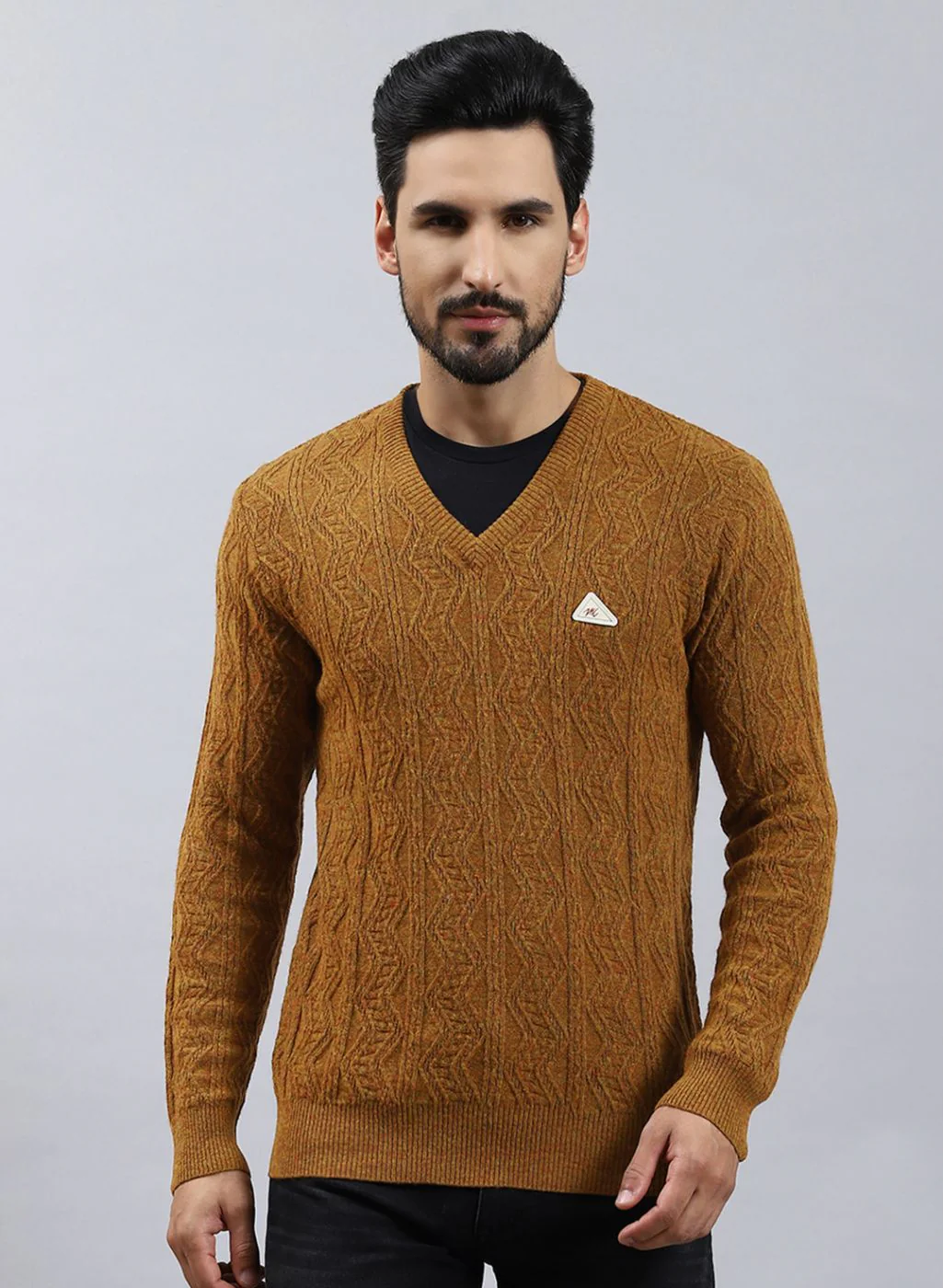 Men Brown Self Design Lamb wool Pullover - Image 2