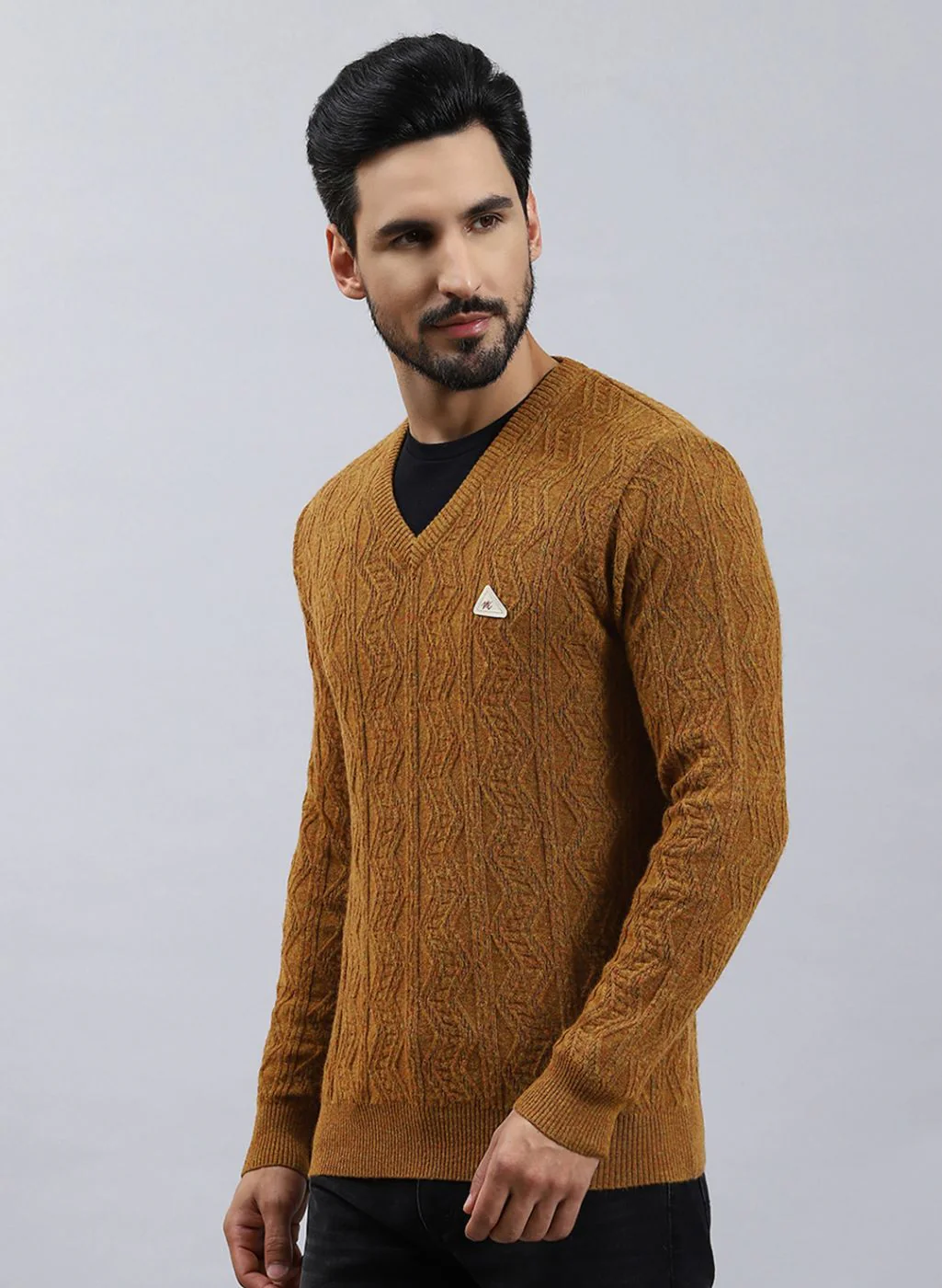 Men Brown Self Design Lamb wool Pullover - Image 3